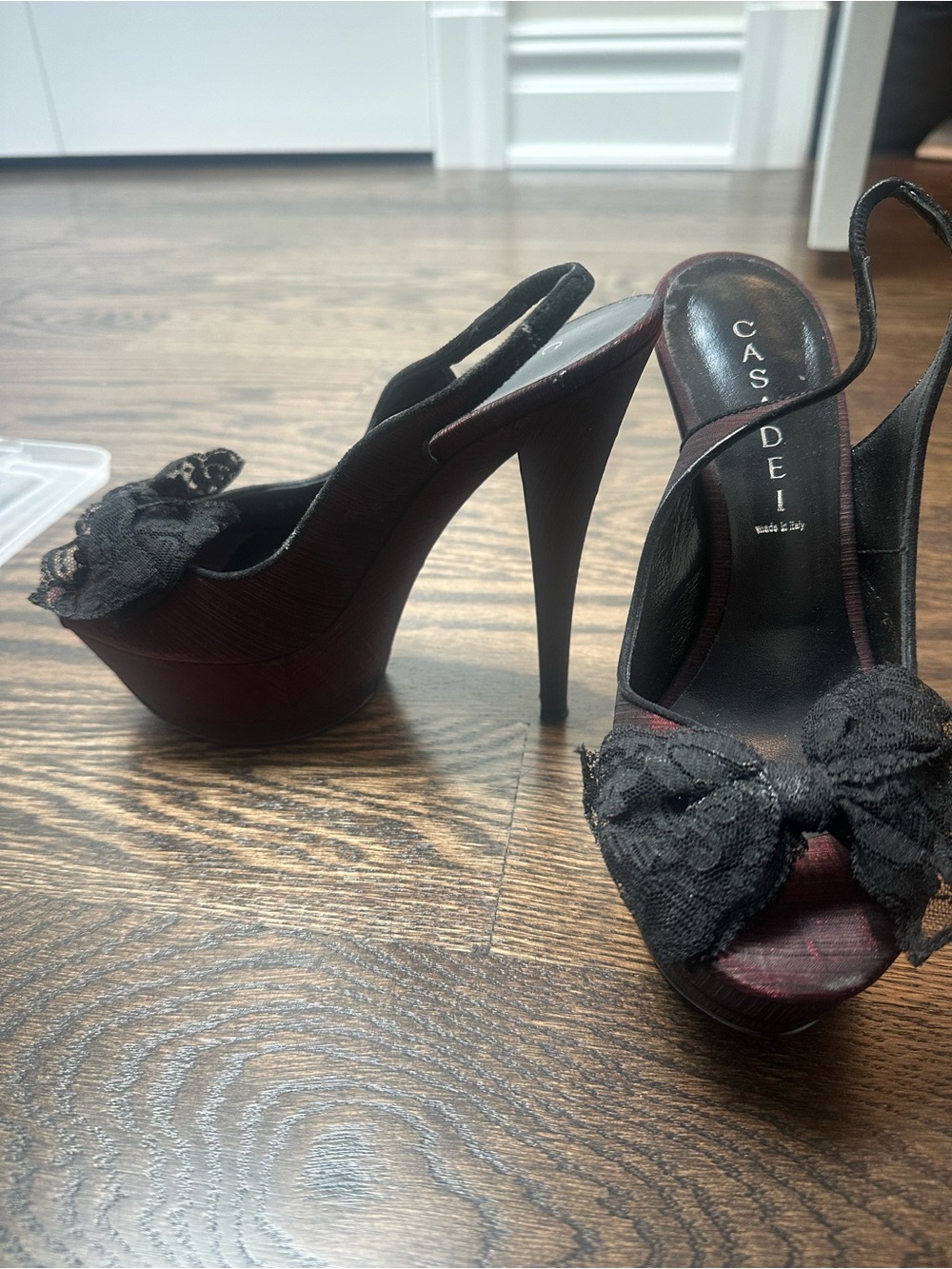 Casadei Black Lace Bow Platform Slingbacks with Dark Burgundy Wood Platform